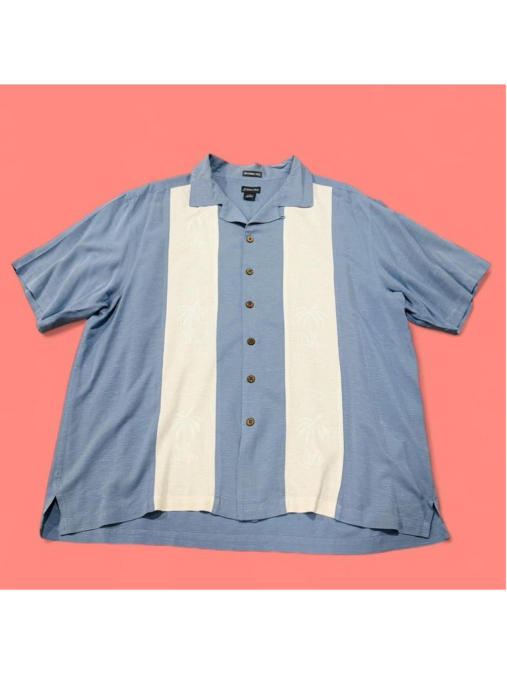 St John’s Bay Silk Camp Shirt XL Blue Panel Palm Resort Button Tropical Resort